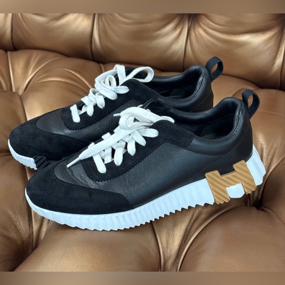 2024 Hermes Bouncing Shoes Sneakers Black Leather & Suede size 37.5 Nice Conditi - Picture 1 of 9